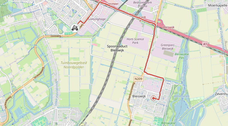 Kaart van de omgeving van de melding, met de kazerne die is gealarmeerd