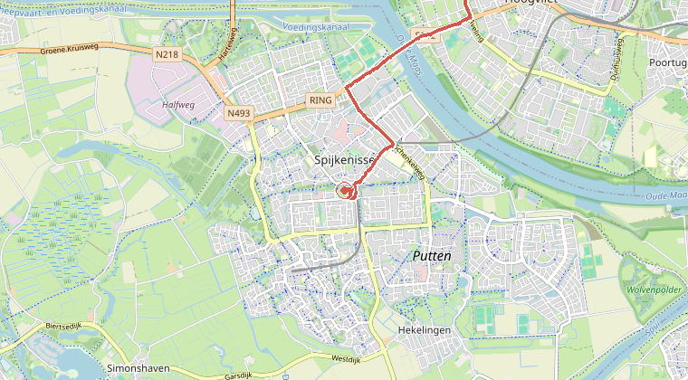 Kaart van de omgeving van de melding, met de kazerne die is gealarmeerd