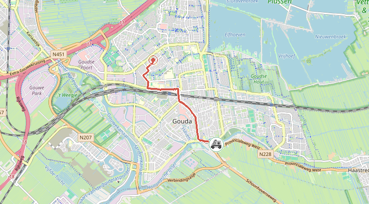 Kaart van de omgeving van de melding, met de kazerne die is gealarmeerd