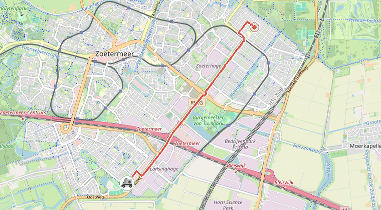 Kaart van de omgeving van de melding, met de kazerne die is gealarmeerd