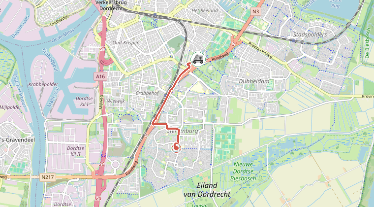 Kaart van de omgeving van de melding, met de kazerne die is gealarmeerd