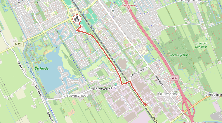 Kaart van de omgeving van de melding, met de kazerne die is gealarmeerd
