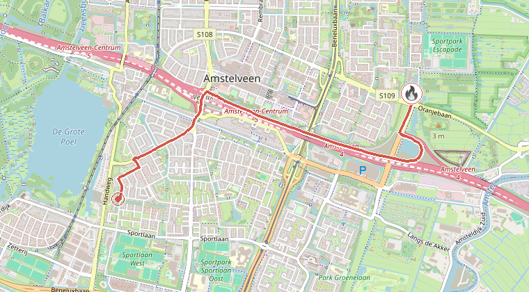 Kaart van de omgeving van de melding, met de kazerne die is gealarmeerd