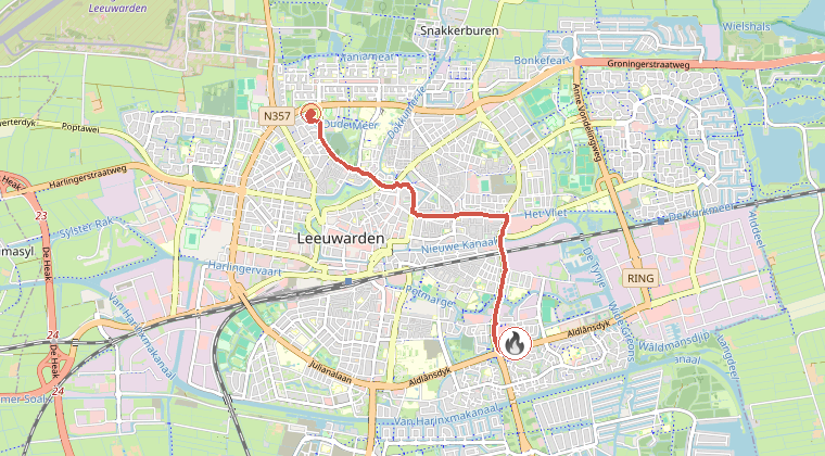 Kaart van de omgeving van de melding, met de kazerne die is gealarmeerd