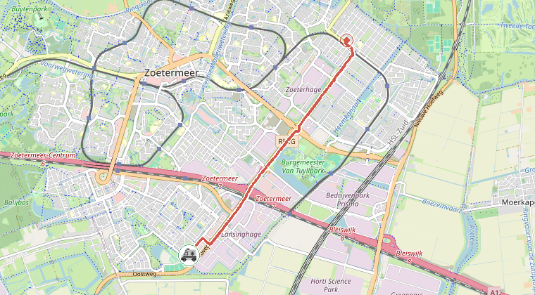 Kaart van de omgeving van de melding, met de kazerne die is gealarmeerd