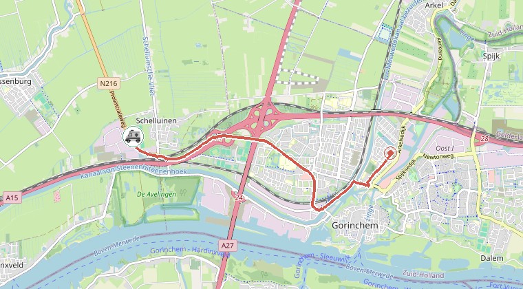 Kaart van de omgeving van de melding, met de kazerne die is gealarmeerd
