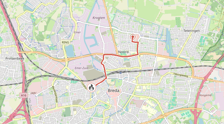 Kaart van de omgeving van de melding, met de kazerne die is gealarmeerd