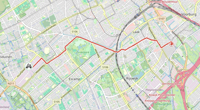 Kaart van de omgeving van de melding, met de kazerne die is gealarmeerd
