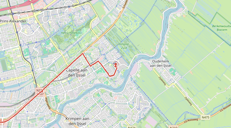 Kaart van de omgeving van de melding, met de kazerne die is gealarmeerd