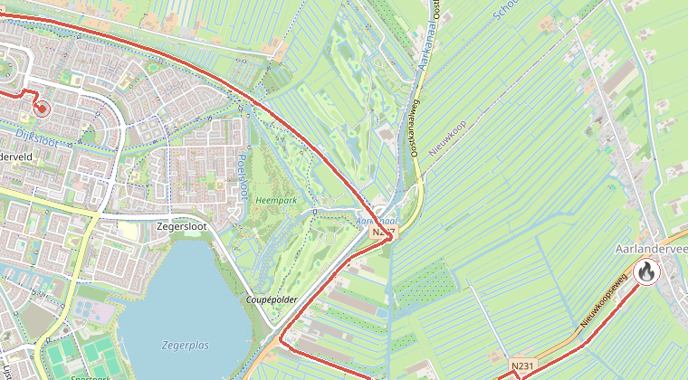 Kaart van de omgeving van de melding, met de kazerne die is gealarmeerd