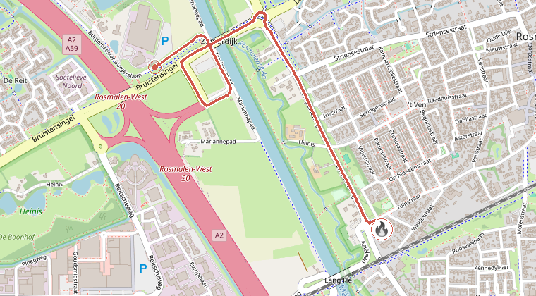 Kaart van de omgeving van de melding, met de kazerne die is gealarmeerd
