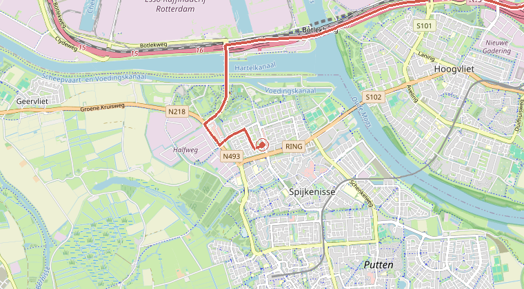 Kaart van de omgeving van de melding, met de kazerne die is gealarmeerd
