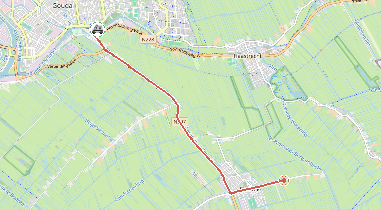 Kaart van de omgeving van de melding, met de kazerne die is gealarmeerd