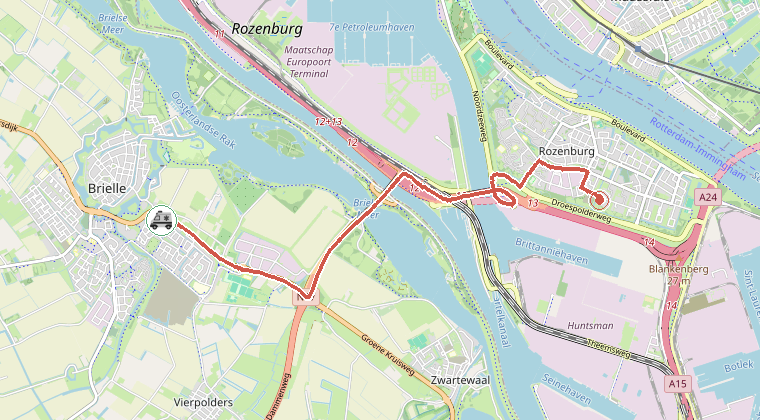 Kaart van de omgeving van de melding, met de kazerne die is gealarmeerd