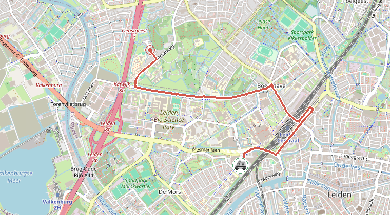 Kaart van de omgeving van de melding, met de kazerne die is gealarmeerd