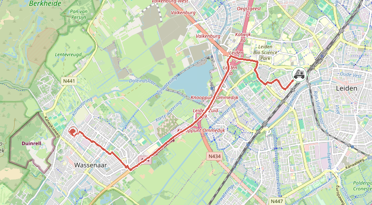 Kaart van de omgeving van de melding, met de kazerne die is gealarmeerd