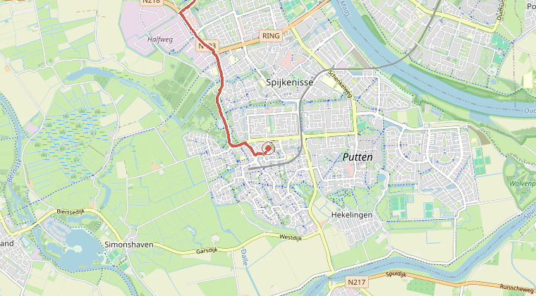 Kaart van de omgeving van de melding, met de kazerne die is gealarmeerd