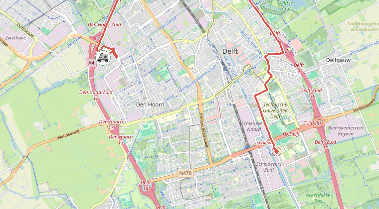 Kaart van de omgeving van de melding, met de kazerne die is gealarmeerd