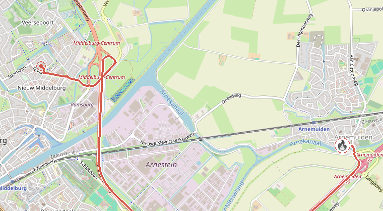 Kaart van de omgeving van de melding, met de kazerne die is gealarmeerd