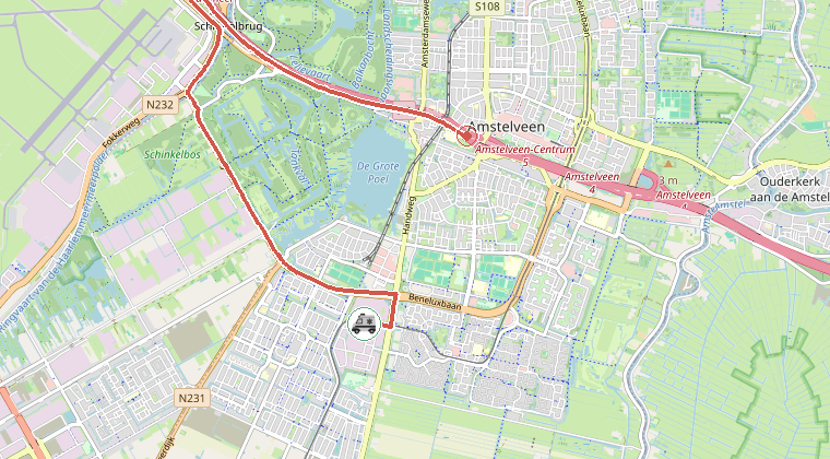 Kaart van de omgeving van de melding, met de kazerne die is gealarmeerd