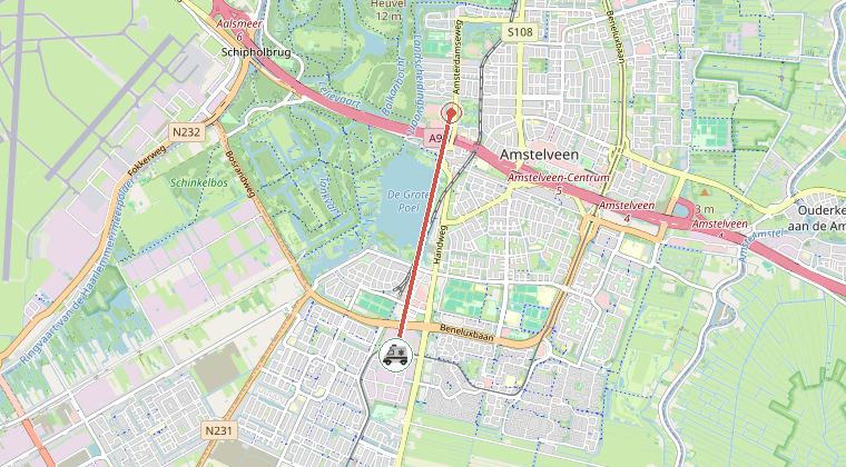 Kaart van de omgeving van de melding, met de kazerne die is gealarmeerd