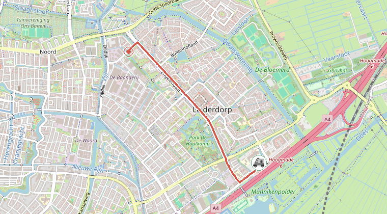 Kaart van de omgeving van de melding, met de kazerne die is gealarmeerd