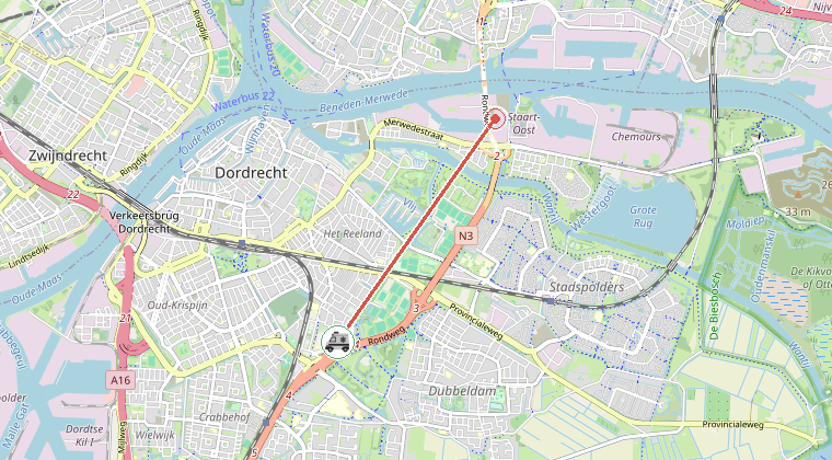 Kaart van de omgeving van de melding, met de kazerne die is gealarmeerd