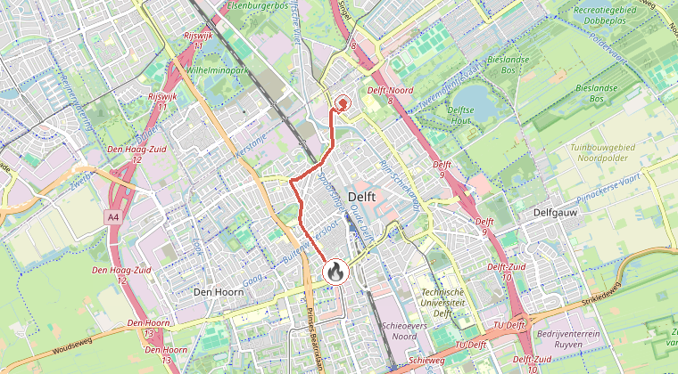 Kaart van de omgeving van de melding, met de kazerne die is gealarmeerd
