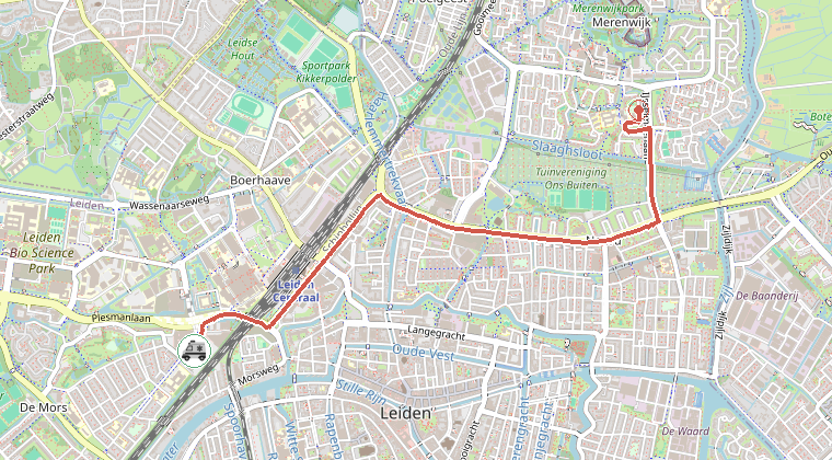 Kaart van de omgeving van de melding, met de kazerne die is gealarmeerd