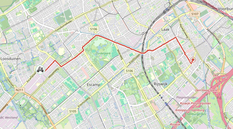 Kaart van de omgeving van de melding, met de kazerne die is gealarmeerd