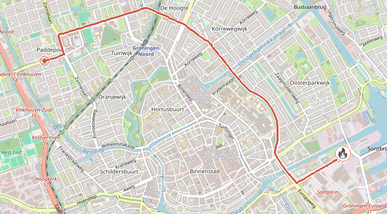 Kaart van de omgeving van de melding, met de kazerne die is gealarmeerd