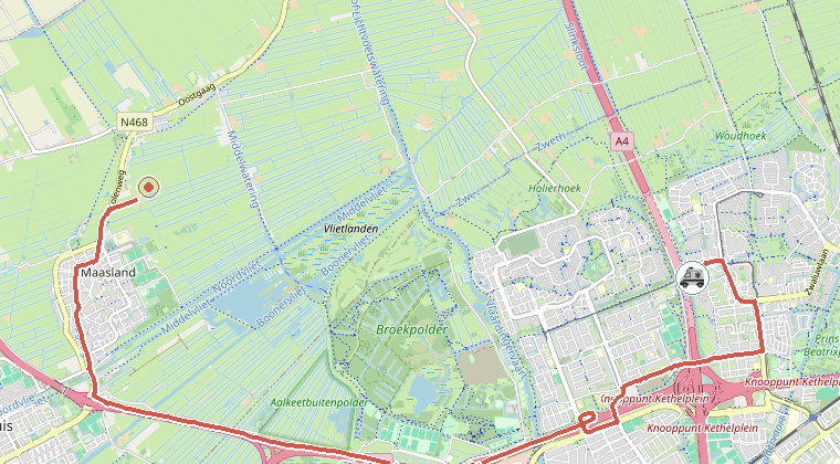 Kaart van de omgeving van de melding, met de kazerne die is gealarmeerd