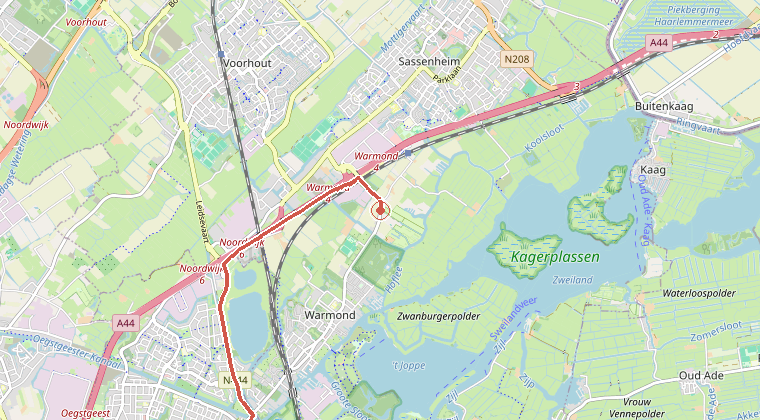 Kaart van de omgeving van de melding, met de kazerne die is gealarmeerd