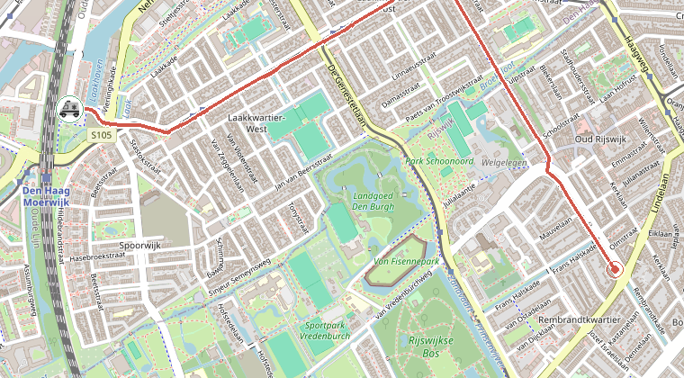 Kaart van de omgeving van de melding, met de kazerne die is gealarmeerd