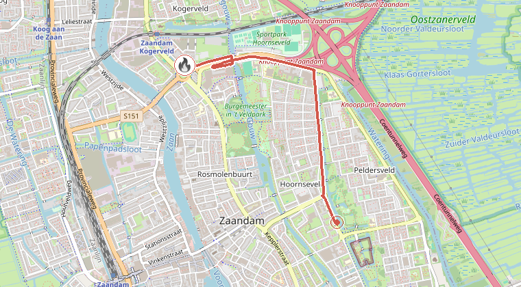 Kaart van de omgeving van de melding, met de kazerne die is gealarmeerd