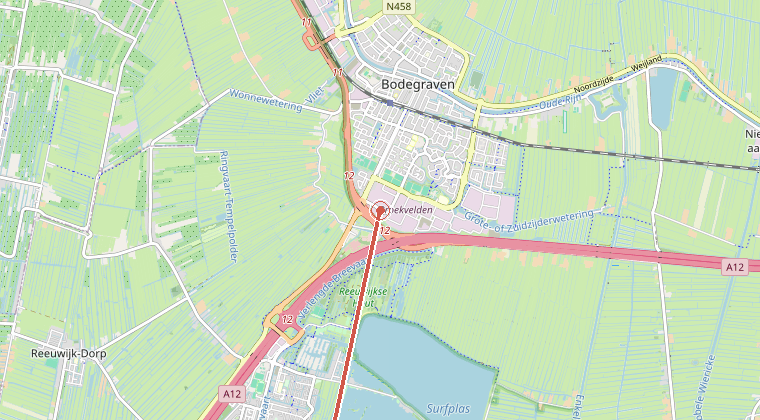 Kaart van de omgeving van de melding, met de kazerne die is gealarmeerd