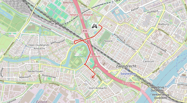 Kaart van de omgeving van de melding, met de kazerne die is gealarmeerd