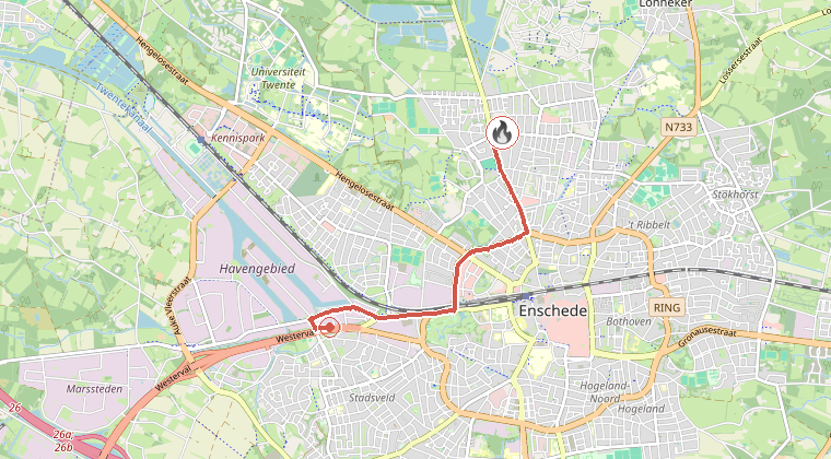 Kaart van de omgeving van de melding, met de kazerne die is gealarmeerd