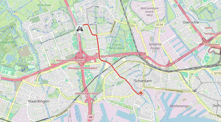 Kaart van de omgeving van de melding, met de kazerne die is gealarmeerd