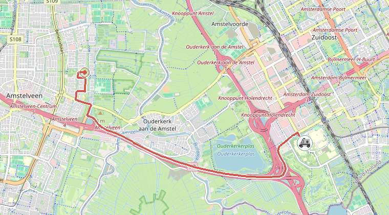 Kaart van de omgeving van de melding, met de kazerne die is gealarmeerd