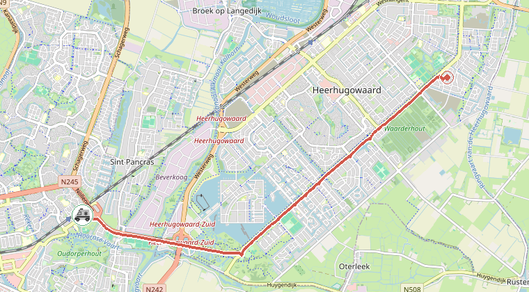 Kaart van de omgeving van de melding, met de kazerne die is gealarmeerd