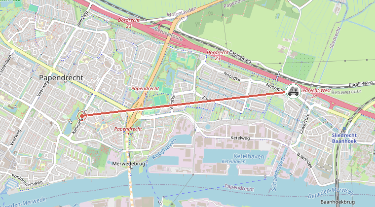 Kaart van de omgeving van de melding, met de kazerne die is gealarmeerd