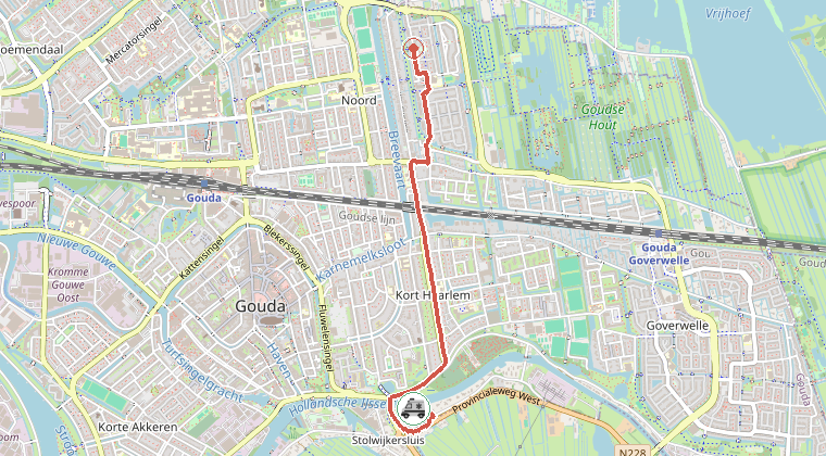 Kaart van de omgeving van de melding, met de kazerne die is gealarmeerd