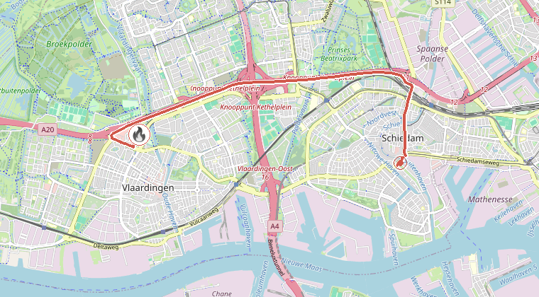 Kaart van de omgeving van de melding, met de kazerne die is gealarmeerd