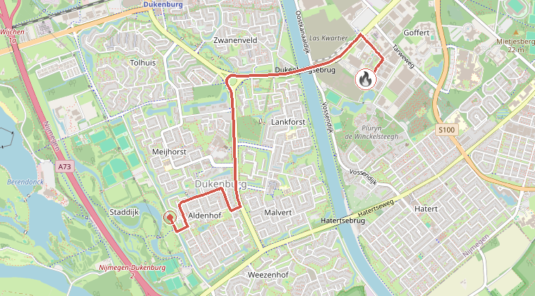 Kaart van de omgeving van de melding, met de kazerne die is gealarmeerd