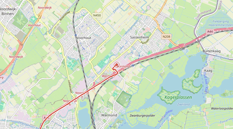 Kaart van de omgeving van de melding, met de kazerne die is gealarmeerd