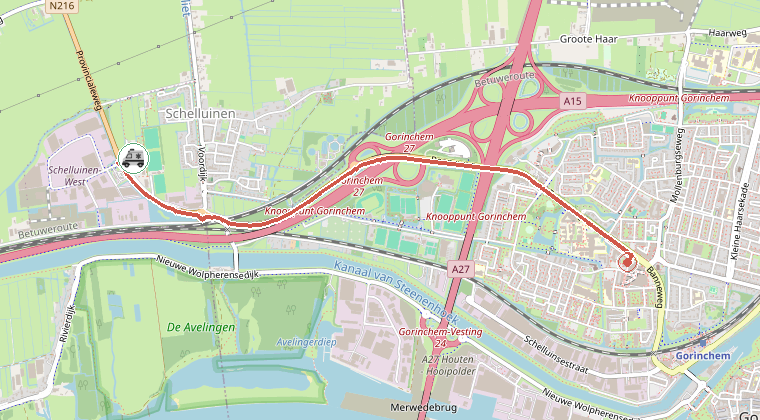 Kaart van de omgeving van de melding, met de kazerne die is gealarmeerd