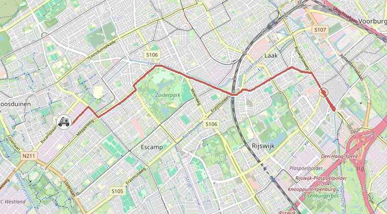 Kaart van de omgeving van de melding, met de kazerne die is gealarmeerd
