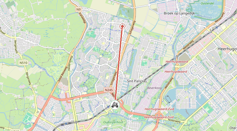 Kaart van de omgeving van de melding, met de kazerne die is gealarmeerd