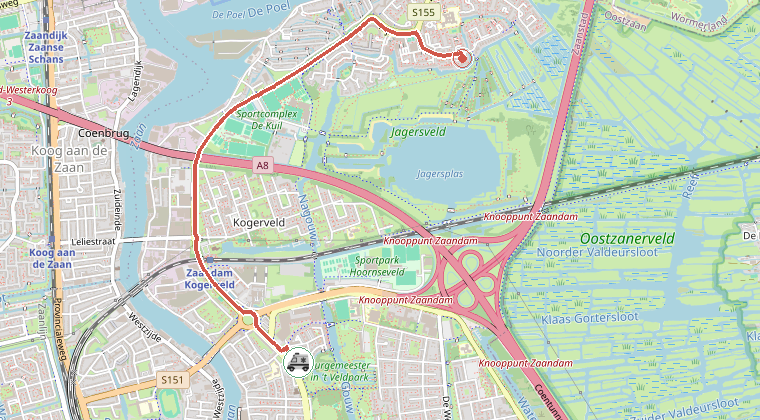 Kaart van de omgeving van de melding, met de kazerne die is gealarmeerd